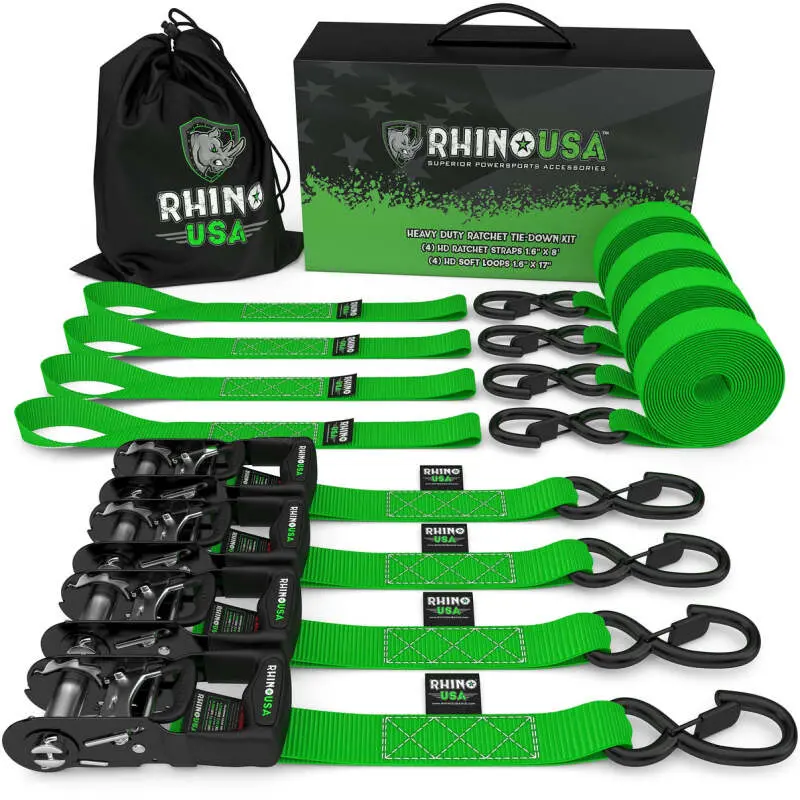 Rhino Usa Heavy Duty Ratchet Tie-Down 4-Pack Green 1.6In X 15Ft 1