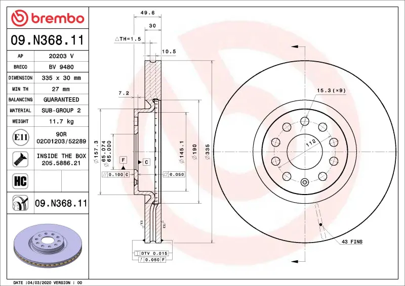 Brembo 21-22 Lexus Es250/19-22 Lexus Es300h/19-22 Lexus Es350/19-22 Ux200 Front Uv Coated Rotor 1
