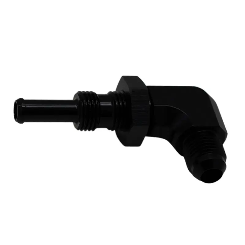Deatschwerks 6An Male Flare To 5/16In Male Barb Bulkhead Adapter 90-Degree - Anodized Matte Black 1