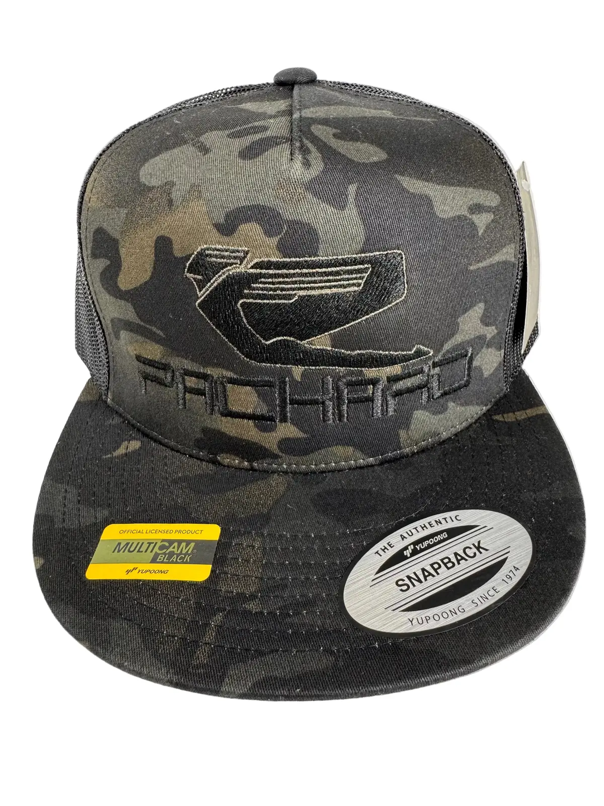 Embroidered Trucker Hat Flat Brim Black Camo Logo 1