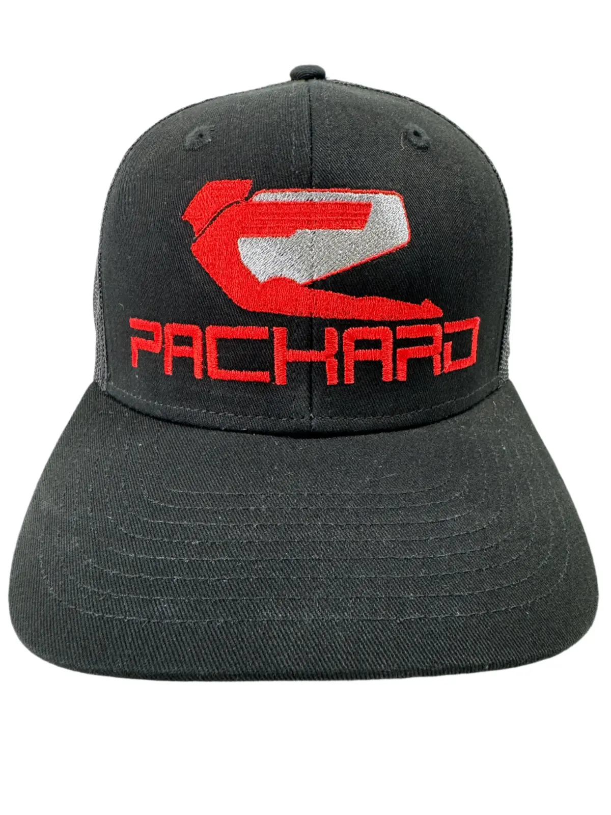 Embroidered Black Trucker Hat Curved Brim Red Logo 1