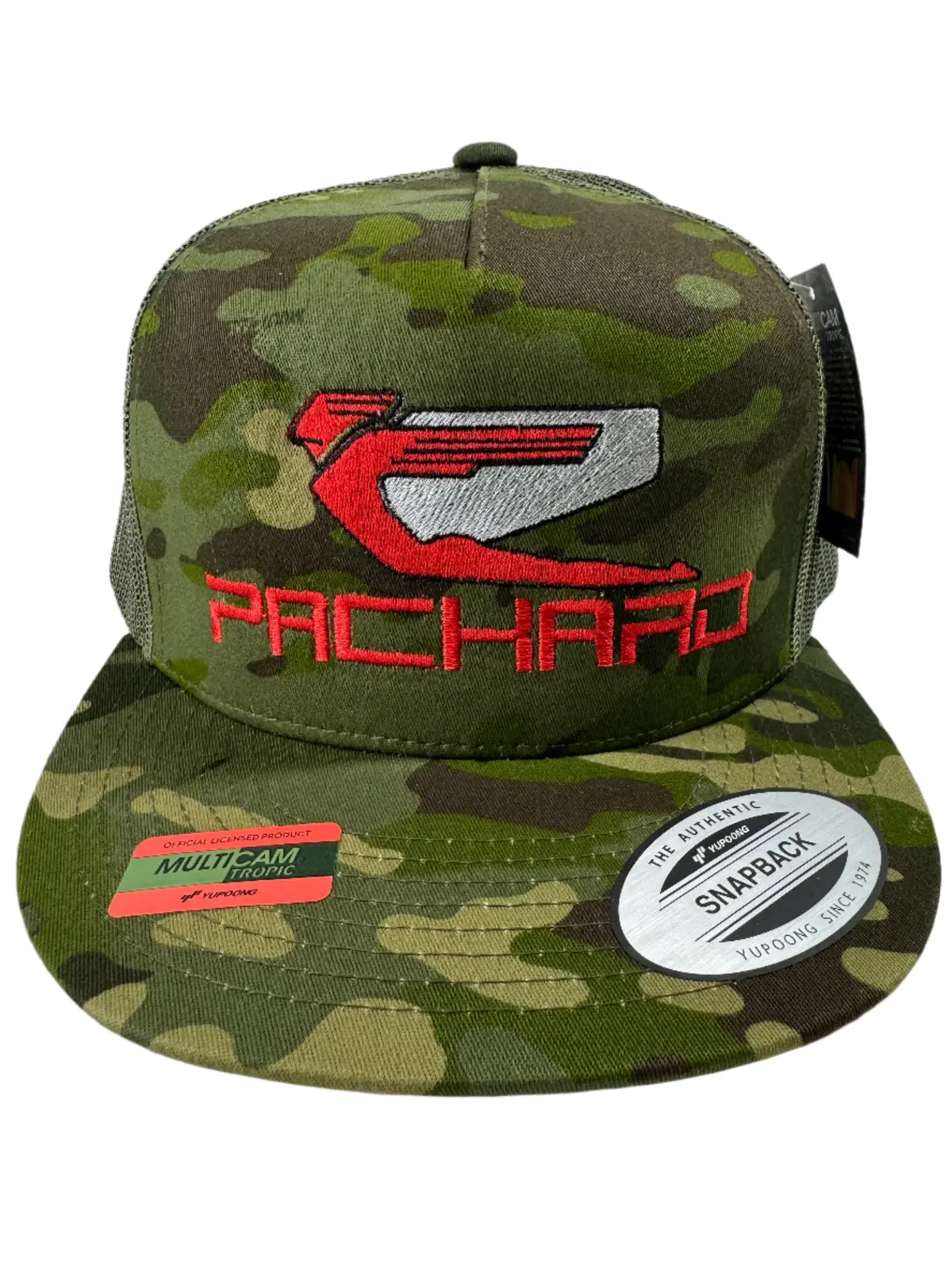 Embroidered Trucker Hat Flat Brim Red Logo Camo 1