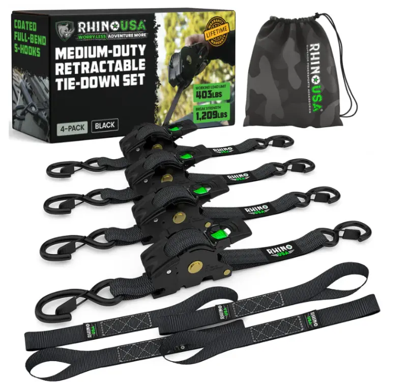 Rhino Usa Retractable Ratchet Straps (4Pk 1Inx10ft) (Black) 1