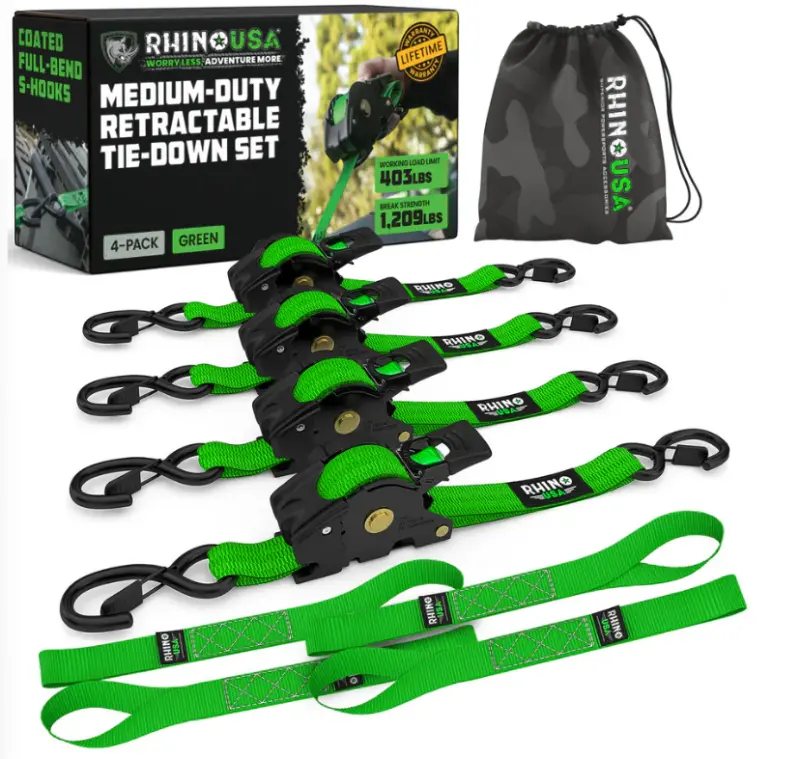 Rhino Usa Retractable Ratchet Straps (4Pk 1Inx10ft) (Green) 1